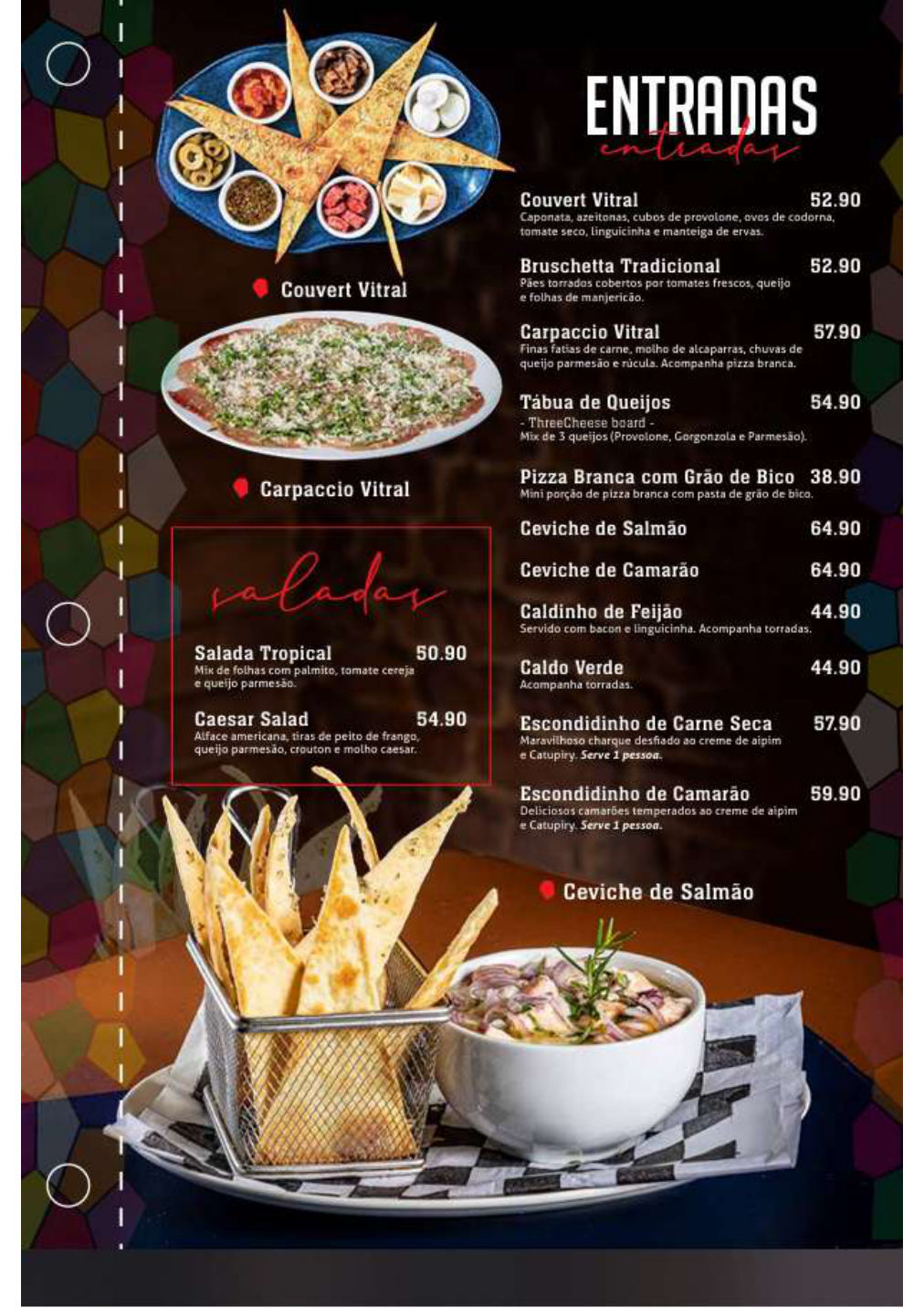 Página de entradas e saladas do cardápio do Vitral Bistrô.