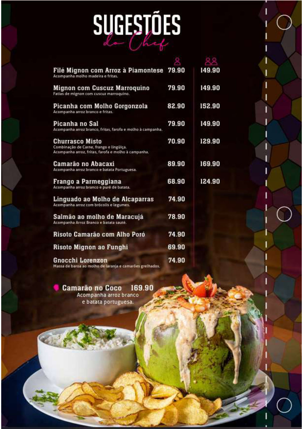 Página de sugestões do chef do cardápio do Vitral Bistrô.