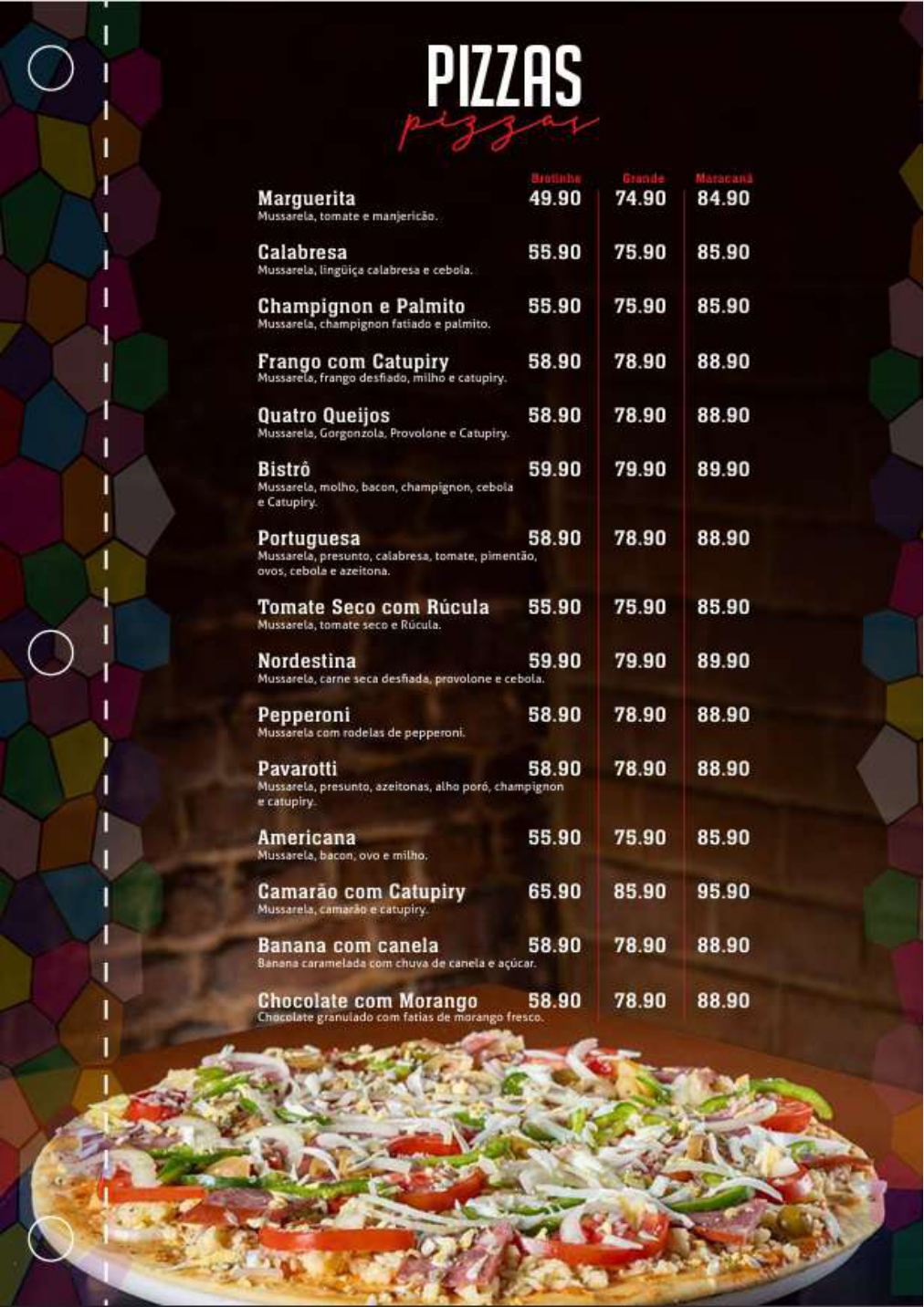 Página de pizzas do cardápio do Vitral Bistrô.