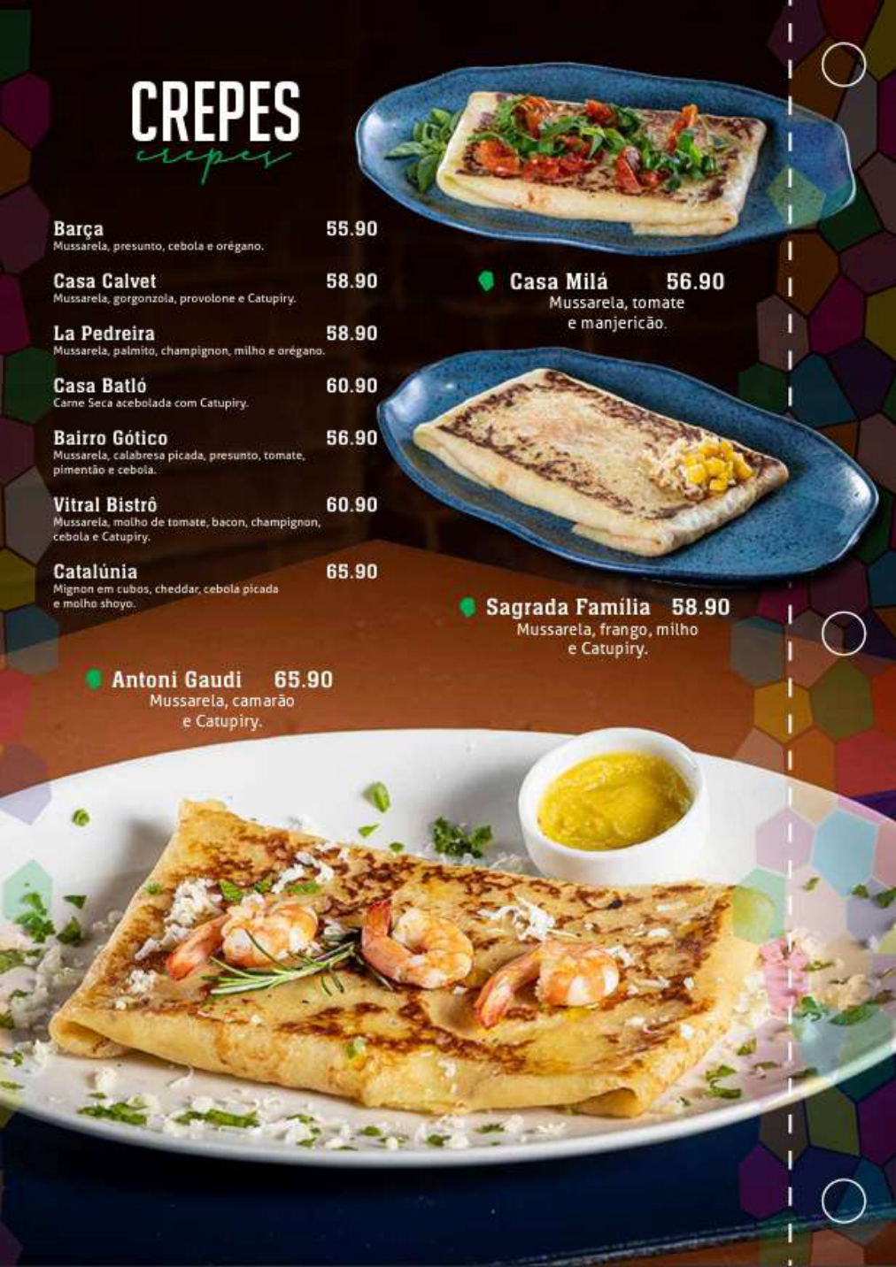Página de crepes do cardápio do Vitral Bistrô.