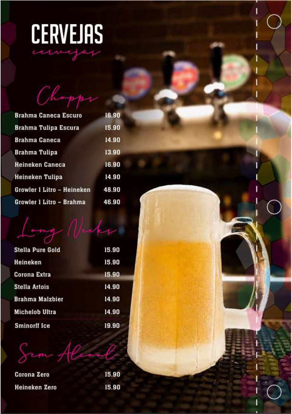 Página de chopp e cervejas do cardápio do Vitral Bistrô.