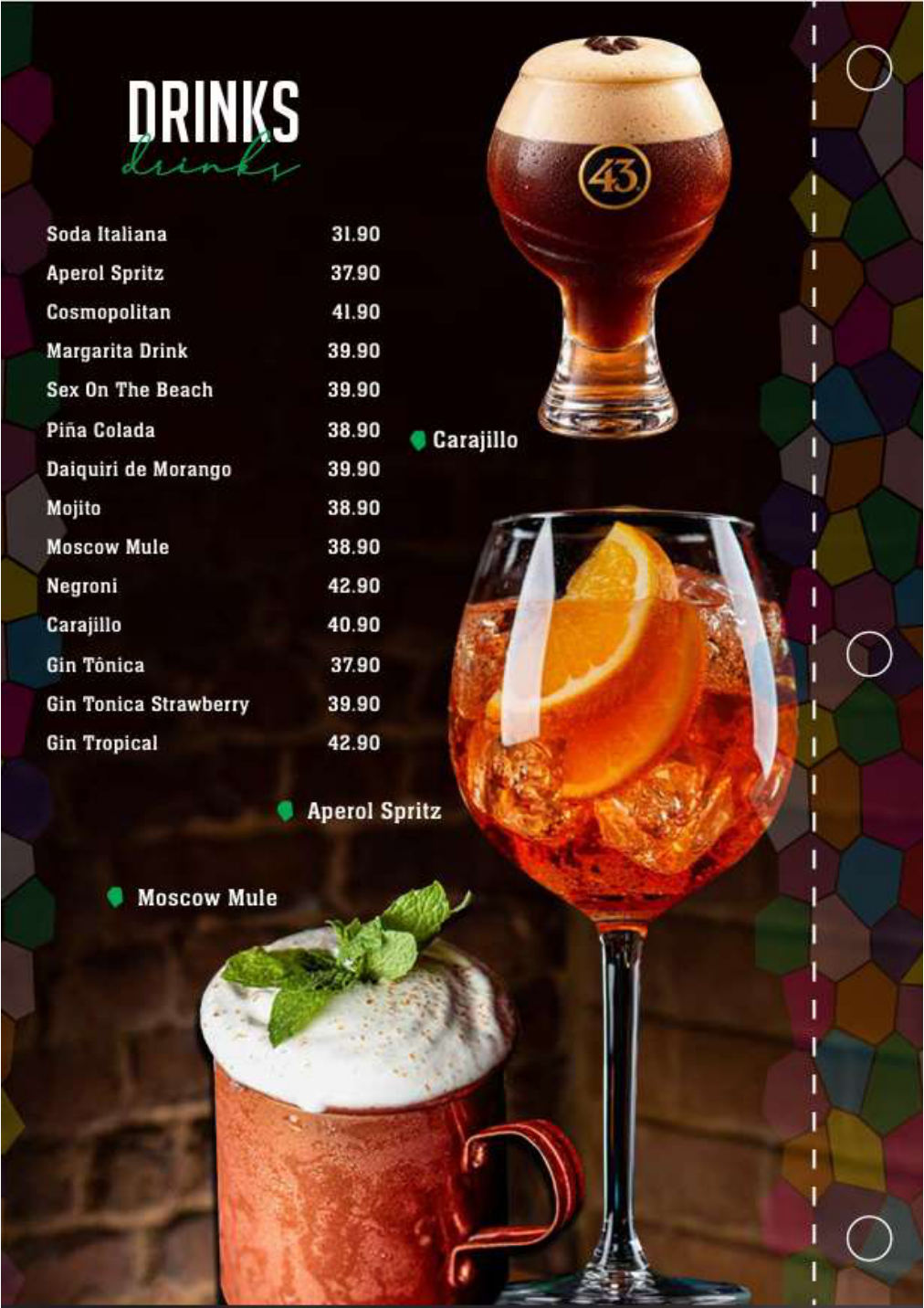 Página de drinks do cardápio do Vitral Bistrô.