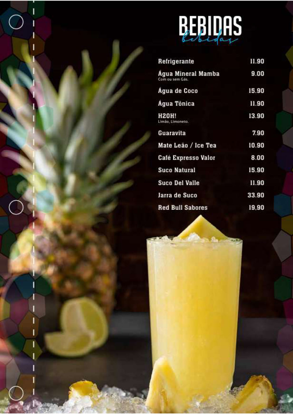 Página de bebidas e sucos do cardápio do Vitral Bistrô.