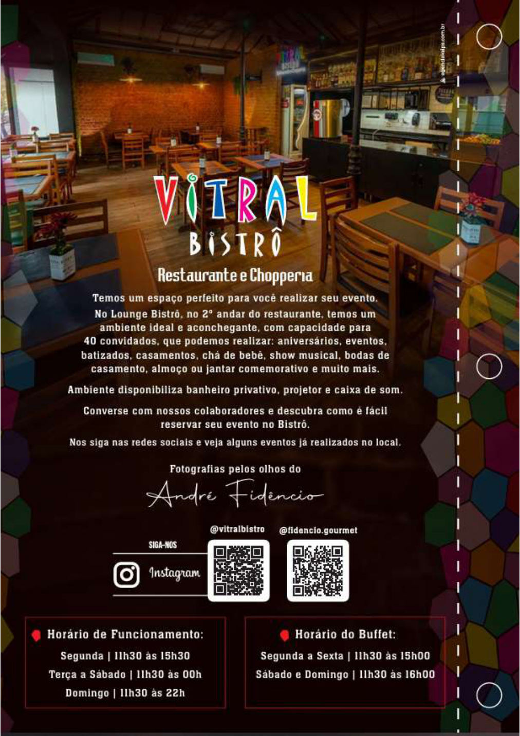Página de eventos, redes e horários do Vitral Bistrô.