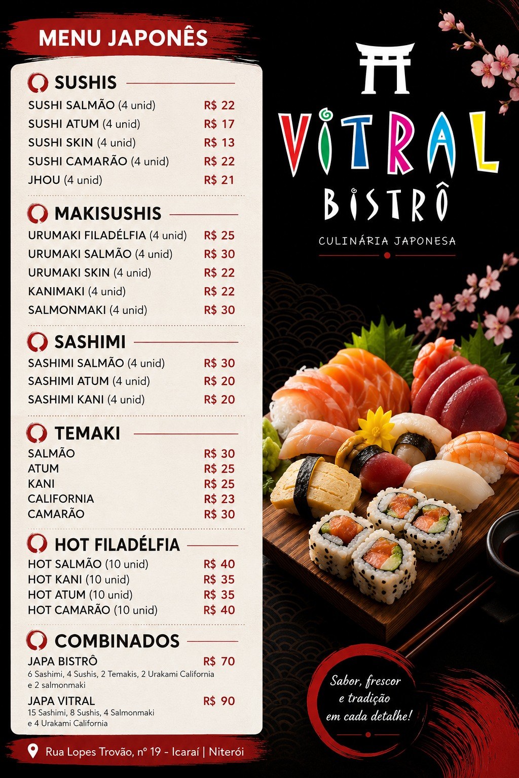 Menu japonês do Vitral Bistrô: sushis, makis, sashimi, temaki, hot e combinados.