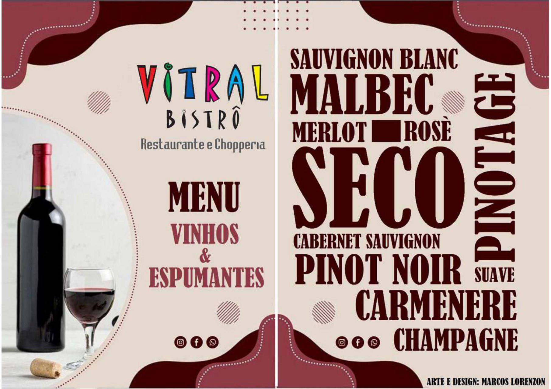 Capa da carta de vinhos do Vitral Bistrô, com taça, garrafa e os tipos de vinho.