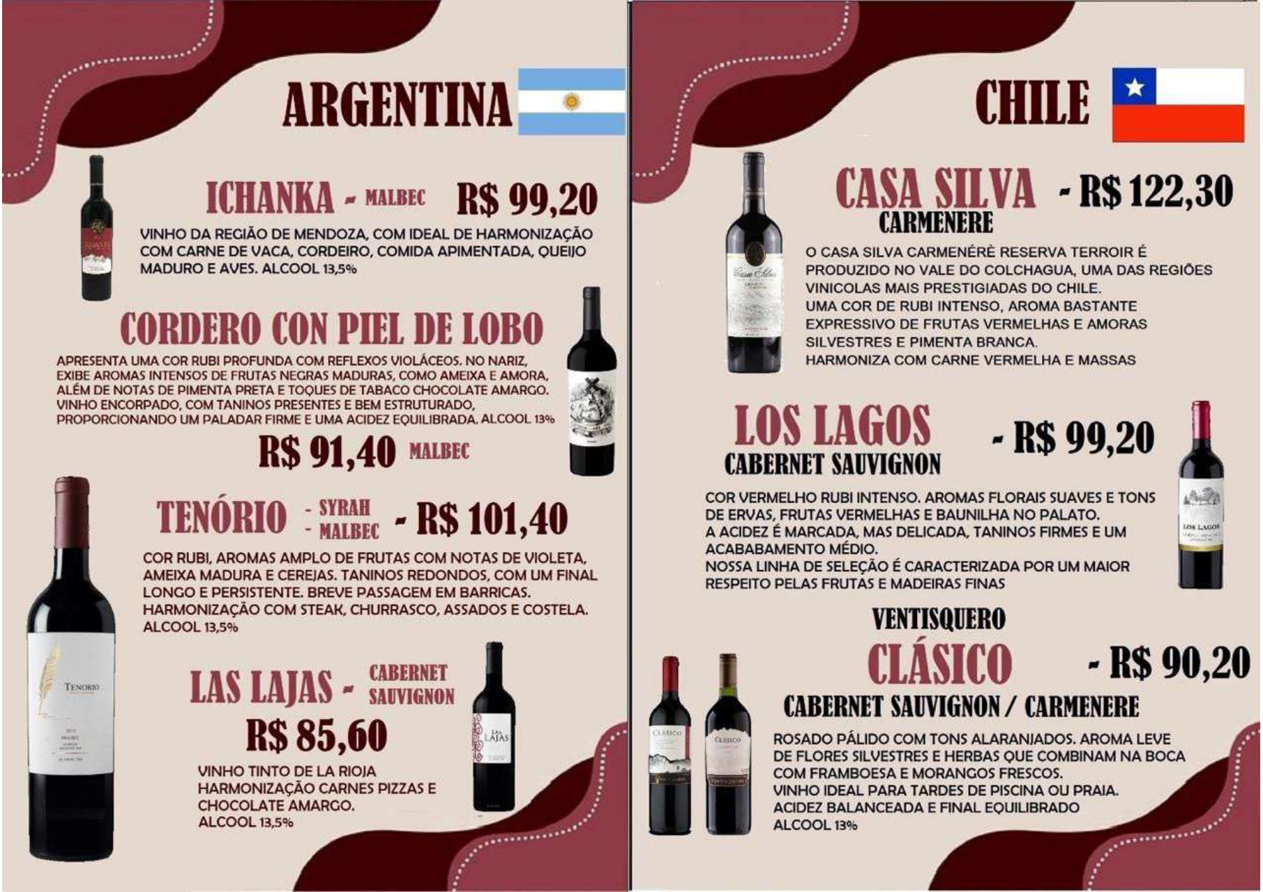 Vinhos da Argentina e do Chile na carta do Vitral Bistrô.