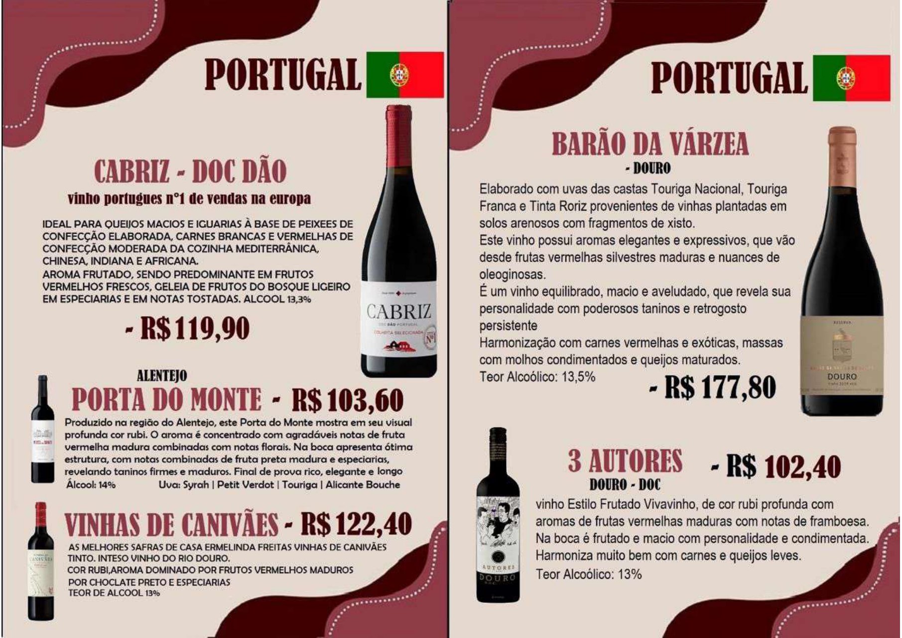 Vinhos de Portugal na carta do Vitral Bistrô.