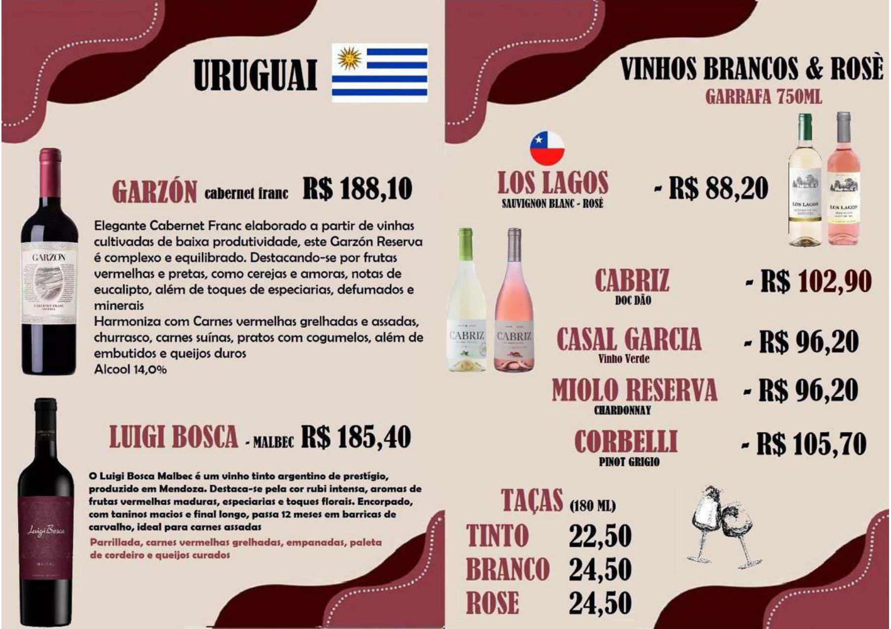 Vinhos do Uruguai, brancos, rosé e preços da taça na carta do Vitral Bistrô.