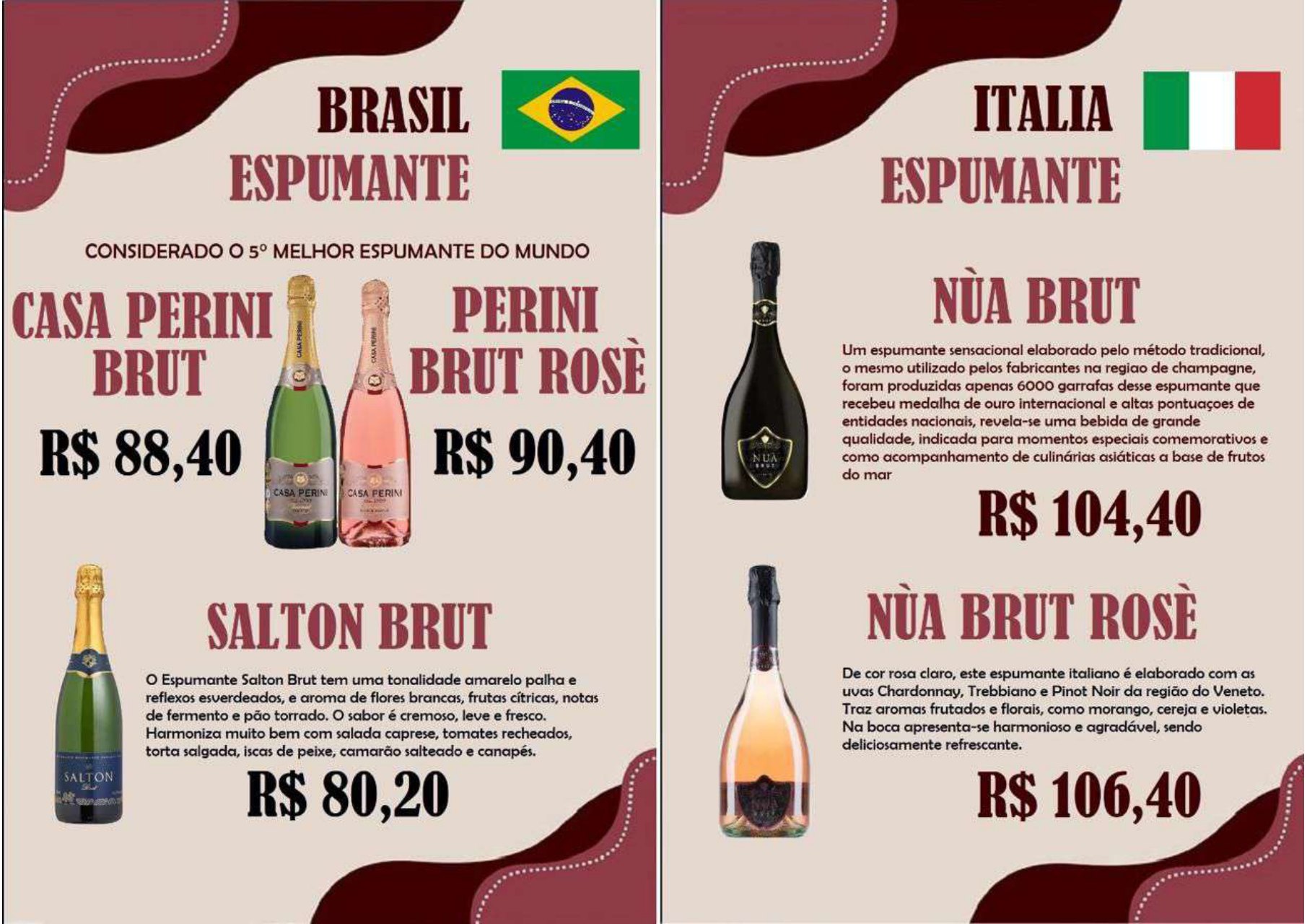 Espumantes do Brasil e da Itália na carta do Vitral Bistrô.