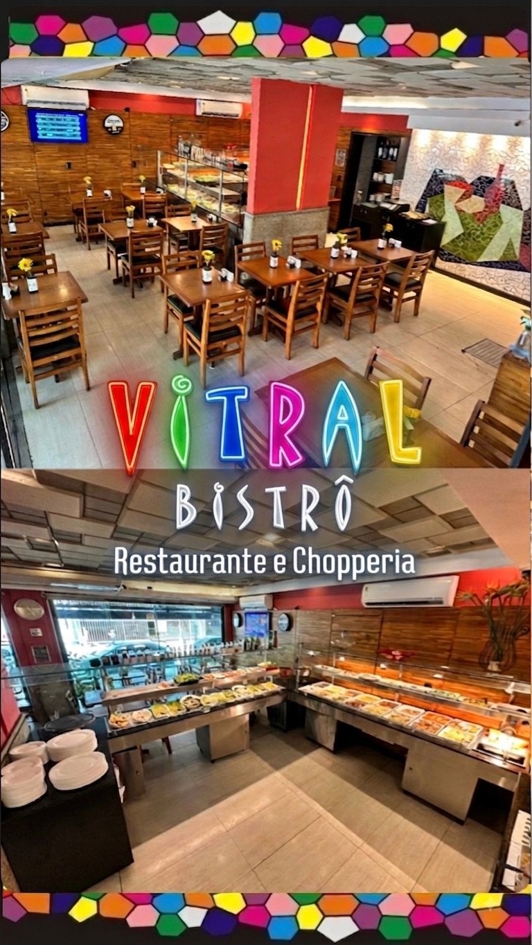 Térreo do Vitral Bistrô: salão, buffet e o convite para almoçar na casa.