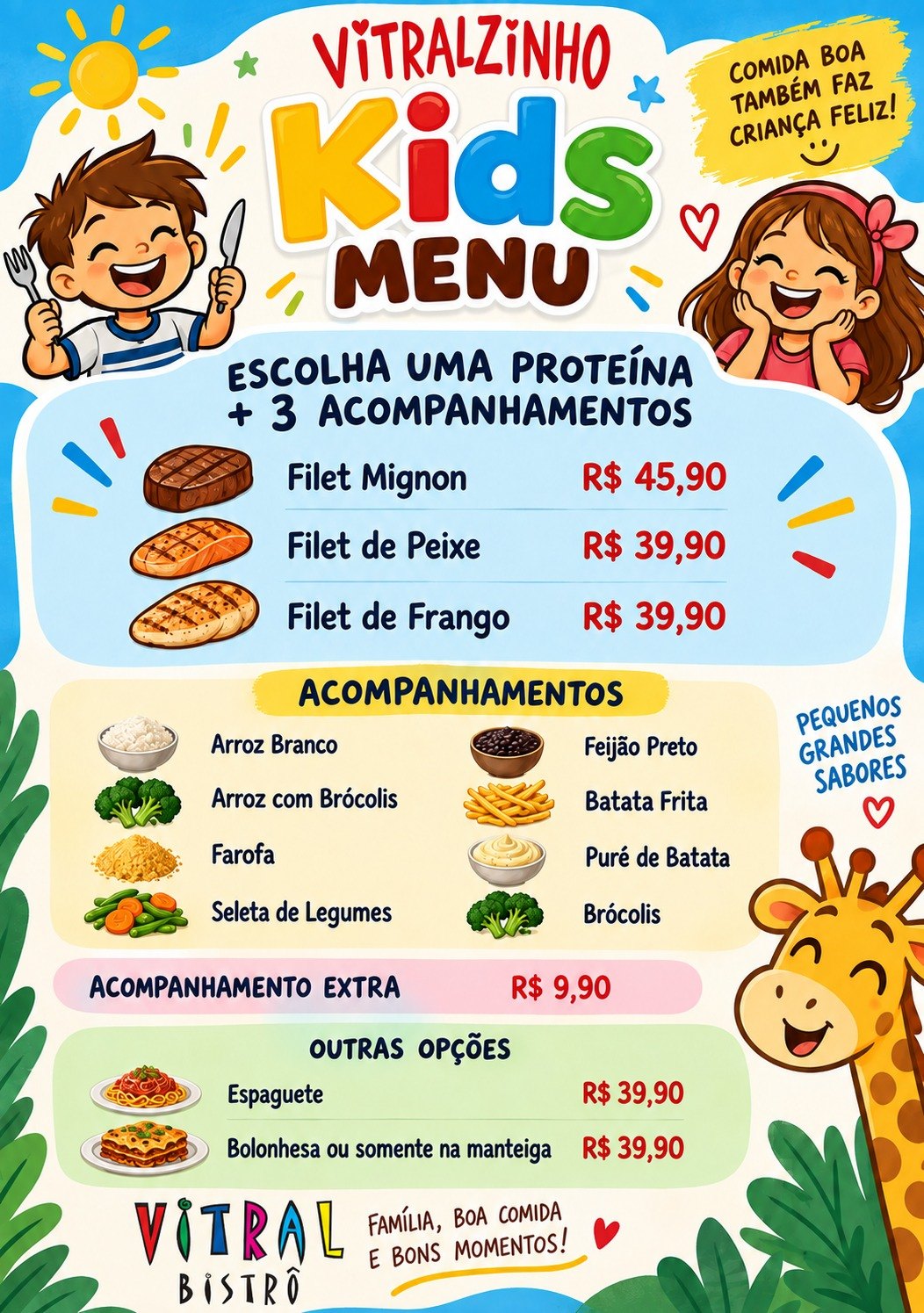 Menu infantil Vitralzinho: proteínas, acompanhamentos e preços.