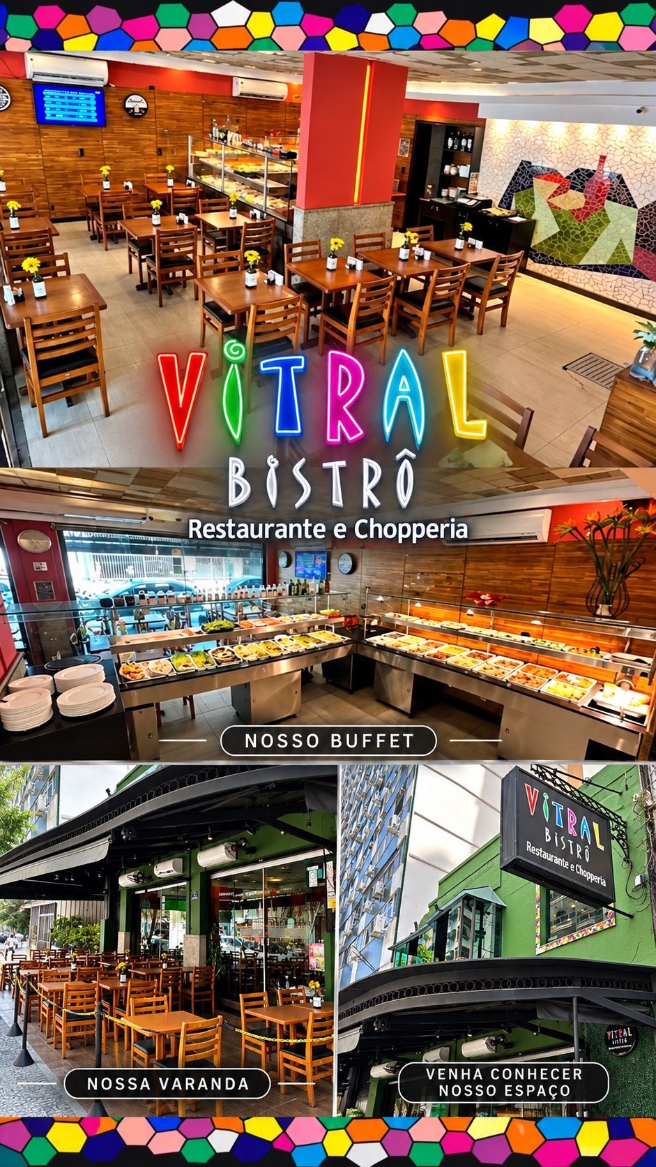 Buffet, varanda e fachada do Vitral Bistrô na Rua Lopes Trovão, em Icaraí.