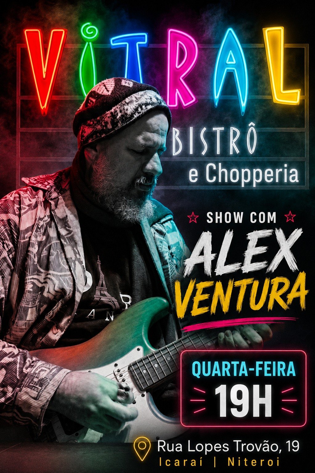 Cartaz do show com Alex Ventura no Vitral Bistrô, quarta-feira, às 19h.