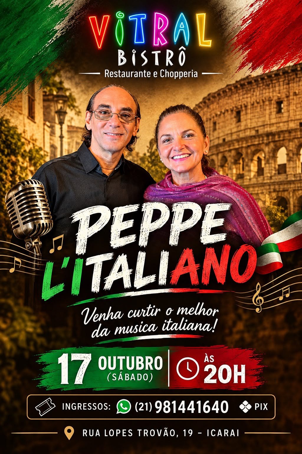Cartaz de Peppe L'Italiano no Vitral Bistrô, sábado 17 de outubro, às 20h.