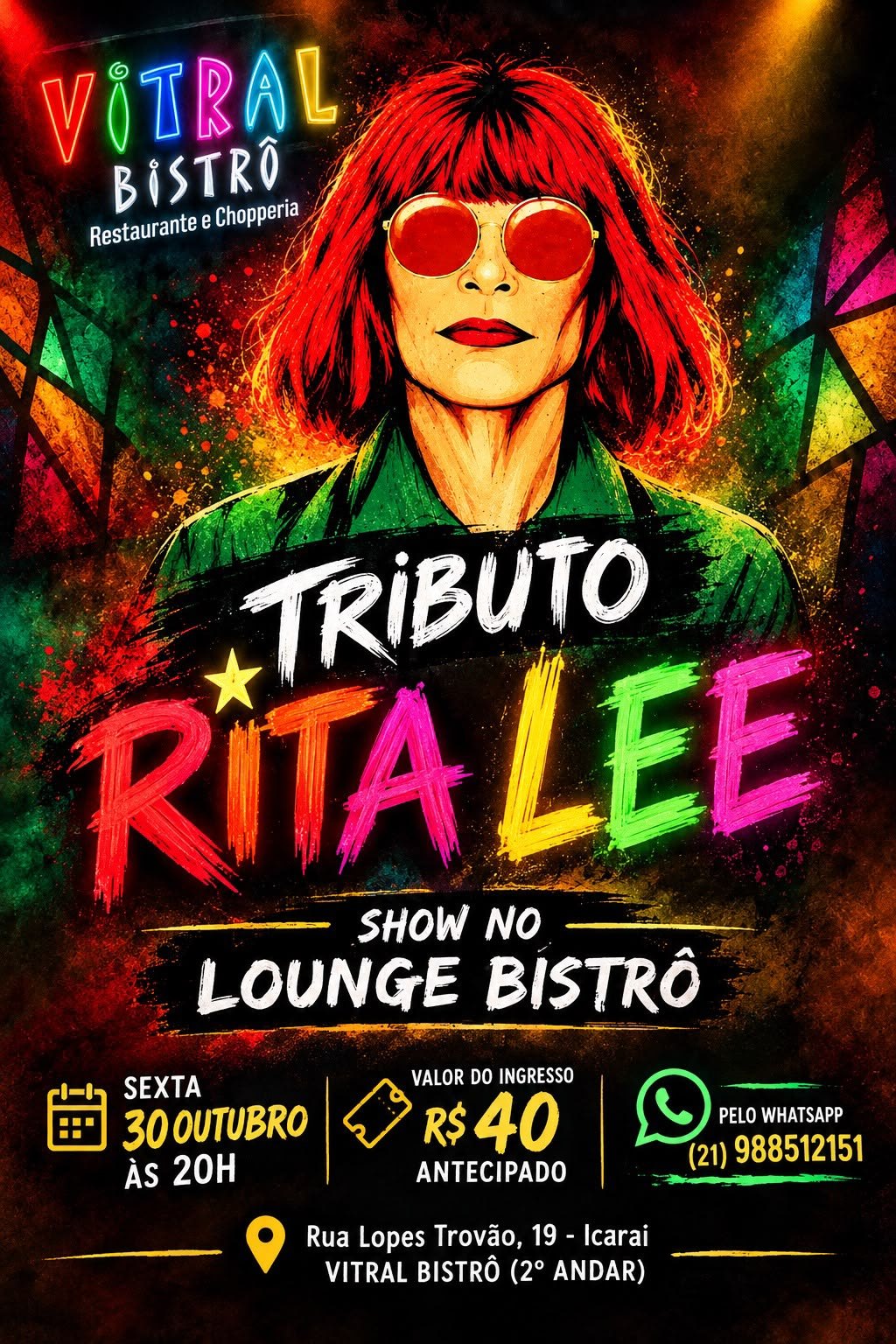 Cartaz do tributo a Rita Lee no Lounge Bistrô, sexta 30 de outubro, às 20h.